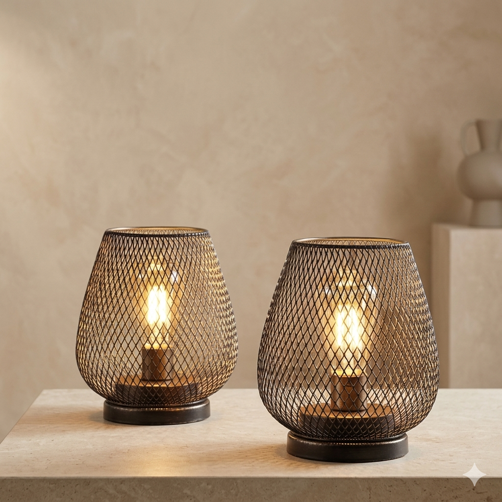 NOUVEAU RICHE Kabellose Akku Tischlampe aus Metallgeflecht – LED Stimmungslicht Warmweiss, dimmbar, für innen und aussen
