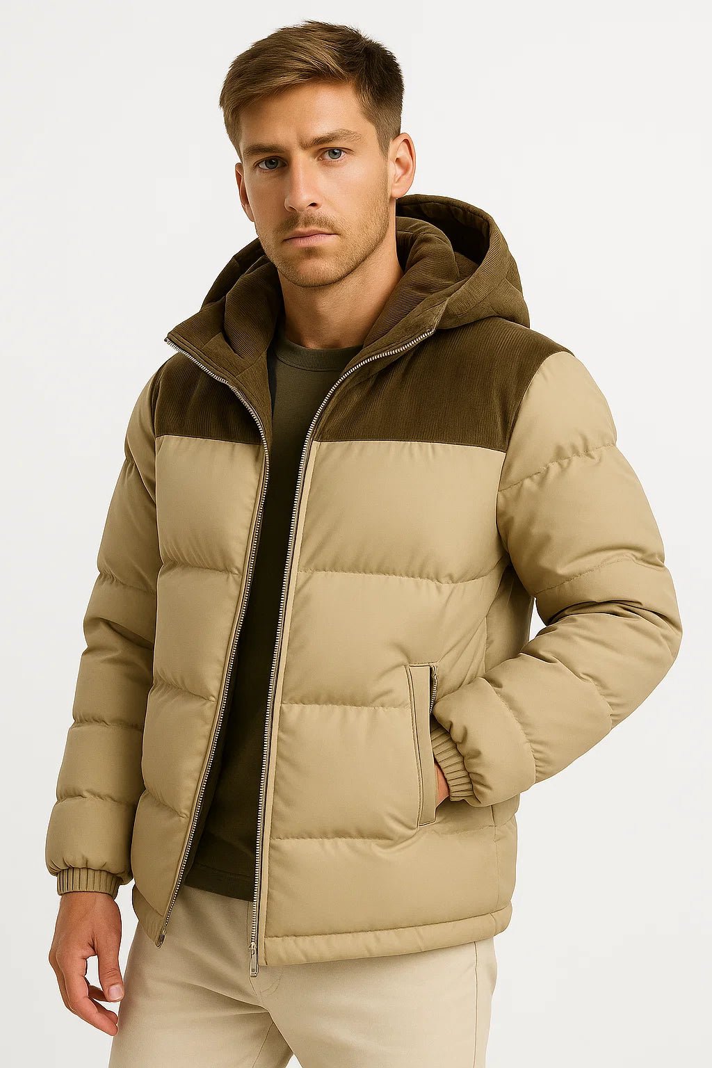 NOUVEAU RICHE Winterjacke Herren mit Kapuze – Leicht wattierte Jacke mit Reissverschluss & Seitentaschen, 5 Farben, S-3XL – Mane Khaki