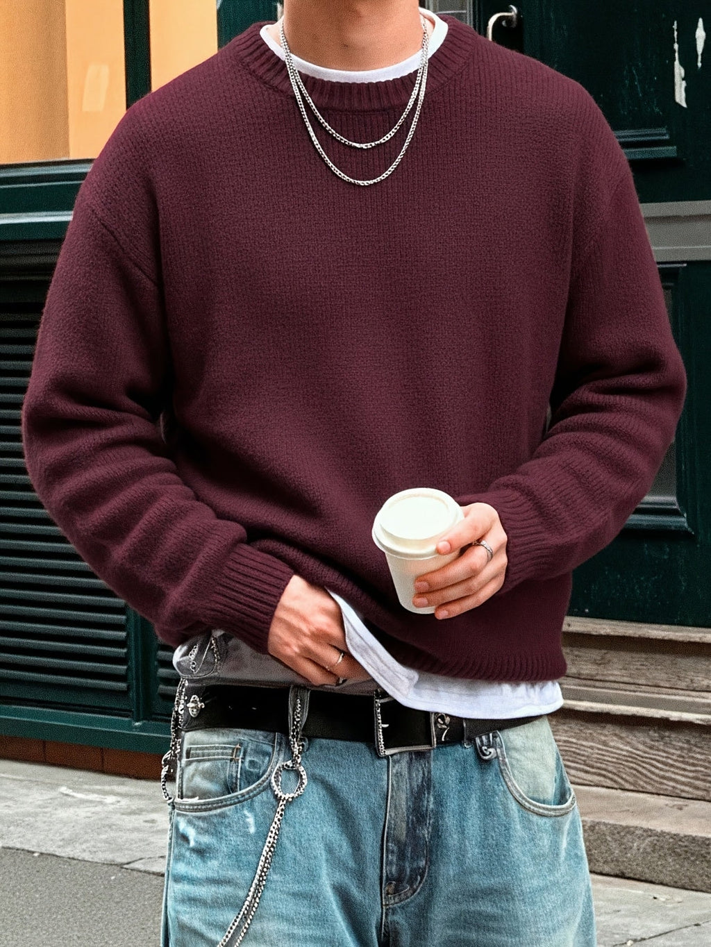 NOUVEAU RICHE Mane | Herren Langarm-Pullover mit Rundhalsausschnitt und Rippstrick Bordeaux