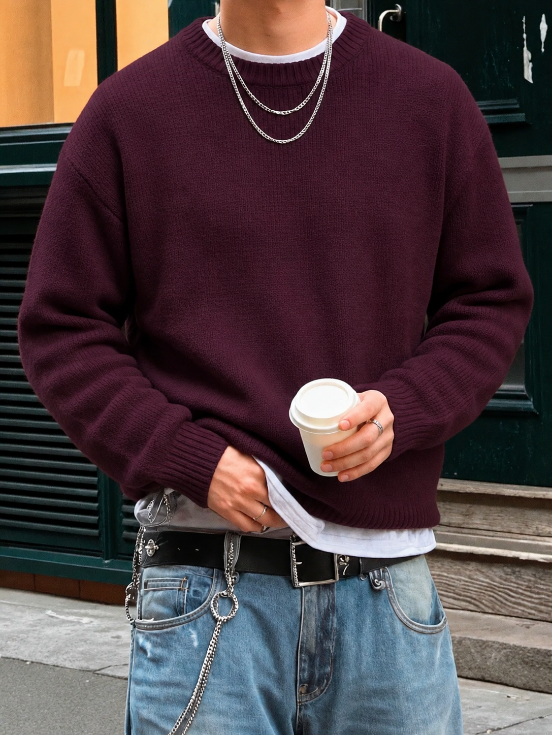 NOUVEAU RICHE Mane | Herren Langarm-Pullover mit Rundhalsausschnitt und Rippstrick Bordeaux