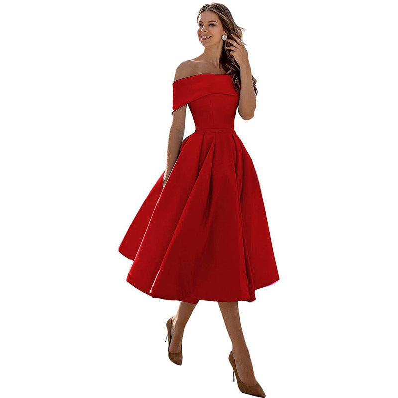 NOUVEAU RICHE Schulterfreies Satin Sommerkleid Damen Elegant Luftig A Linie Rot