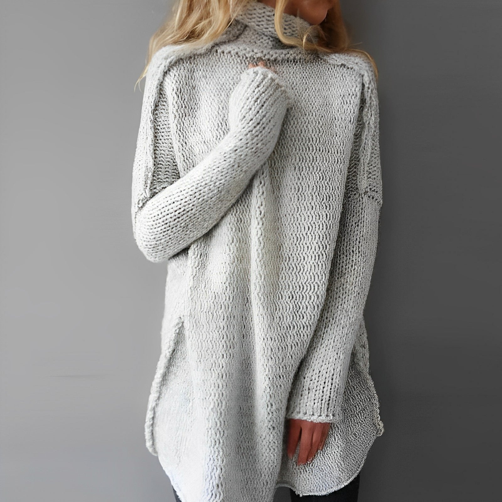 NOUVEAU RICHE Damen Langer Strickpullover Hochwertige Mischung Weicher Stoffe Grau