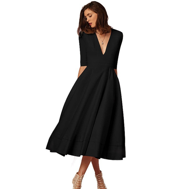 NOUVEAU RICHE Midikleid Damen A-Linie V-Ausschnitt Halbarmlänge Elegant Schwarz