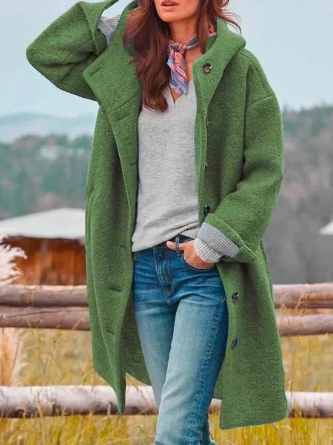 NOUVEAU RICHE Strukturierter Mantel mit Kapuze – Damen Wintermantel mit Kapuze, schmeichelhafte Passform, 5 Farben, S–3XL – Tasana Grün