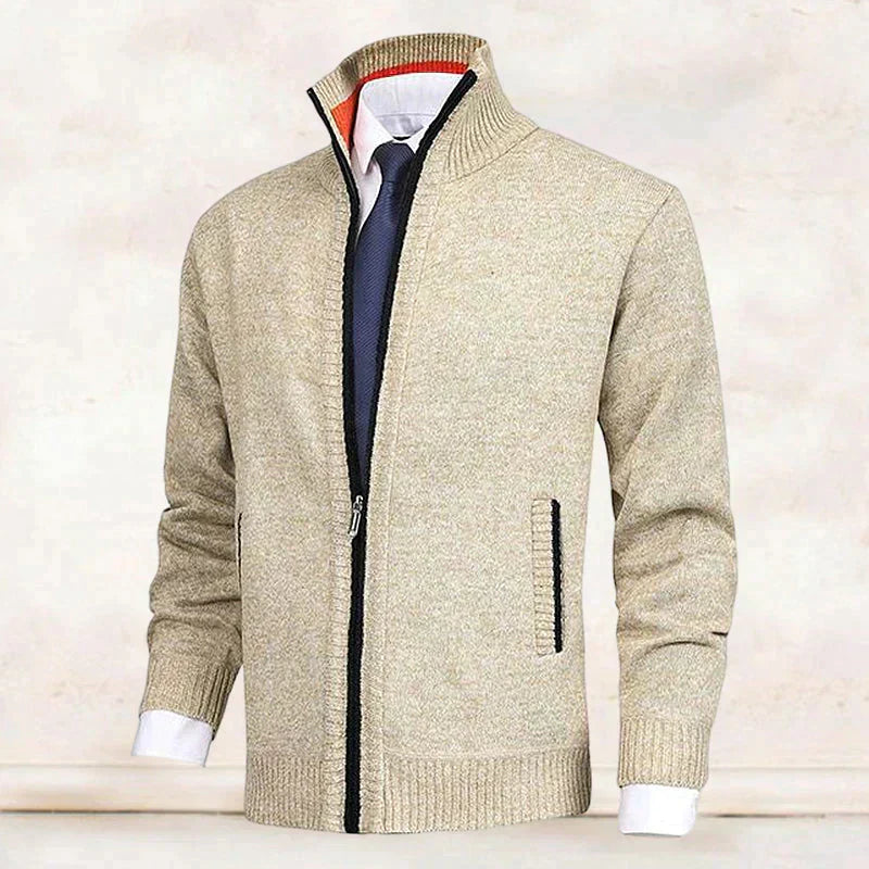 NOUVEAU RICHE Herren Strickjacke Stehkragen Reißverschluss Cardigan Beige