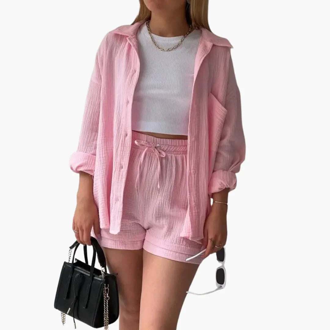 NOUVEAU RICHE Sommer Set Damen Zweiteilig Leichter Stoff Lockere Passform Hellrosa