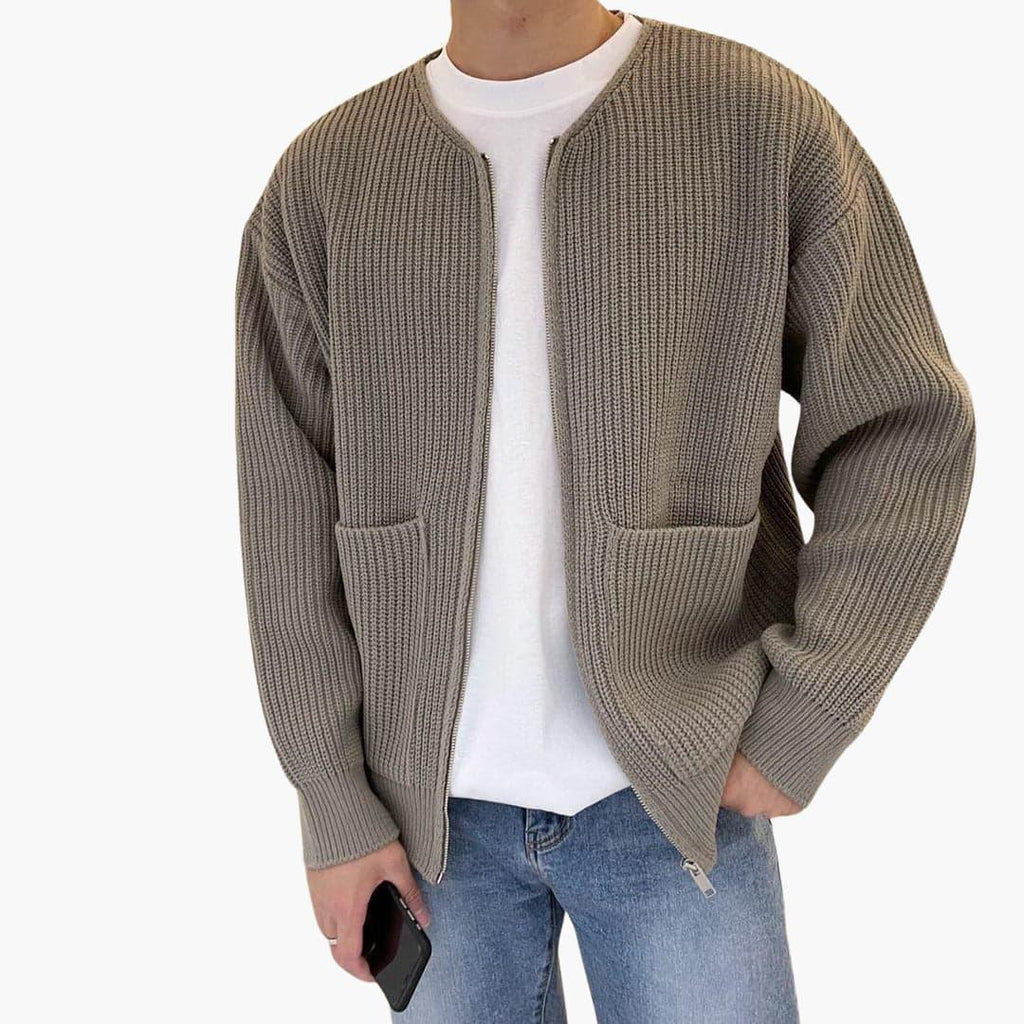 NOUVEAU RICHE Strickjacke Für Herren Offene Vorderseite Lockerer Schnitt Khaki
