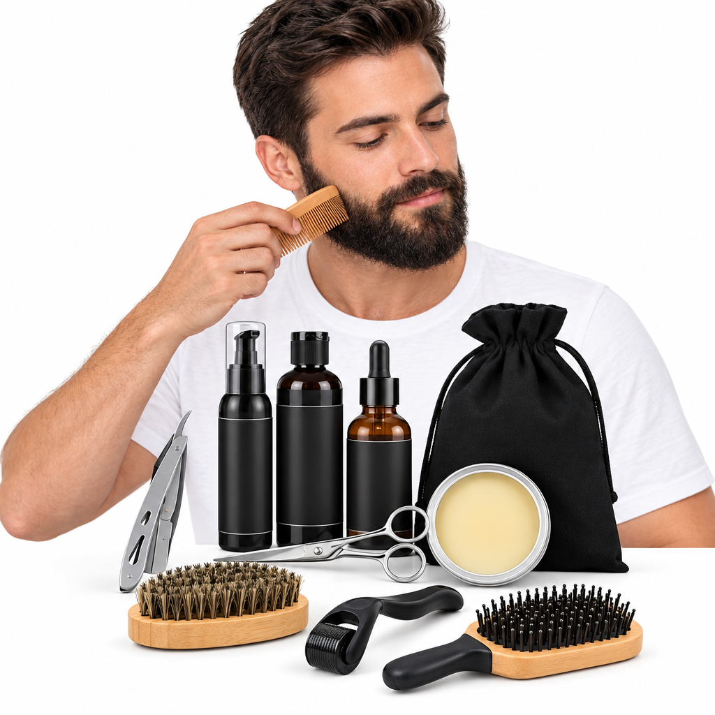 NOUVEAU RICHE Luxus Bartpflege-Set – Komplettset mit Bartglätter, Dermaroller, Bartöl & Conditioner für Pflege & Styling