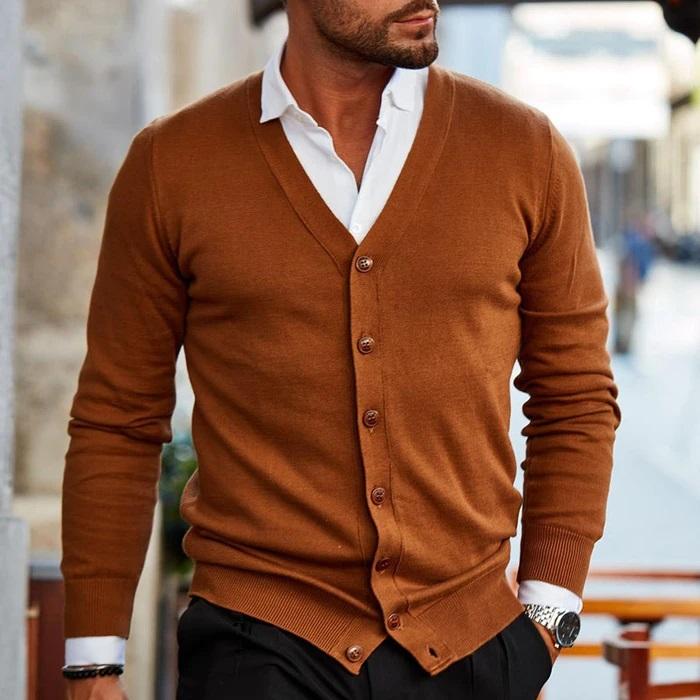 NOUVEAU RICHE Herren Strickjacke V Ausschnitt Knöpfe Lässig Elegant Dunkelbraun