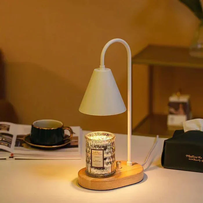 NOUVEAU RICHE Kerzenwärmer mit Dimmer – Candle Warmer Lampe mit Holzfuss & Metallschirm für Duftkerzen, ohne Flamme, inkl. 2 Lampen, 3 Farben