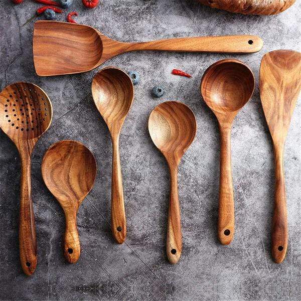 NOUVEAU RICHE Natürliches Küchenset aus Holz – Rustikale Küchenhelfer aus Holz, Set mit 4 oder 7 Teilen – RustiCook