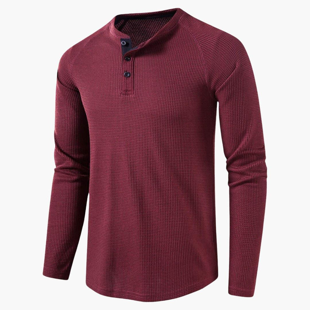 NOUVEAU RICHE Herren Henley Langarmshirt Mit Knopfleiste Natürliche Textur Burgunderrot