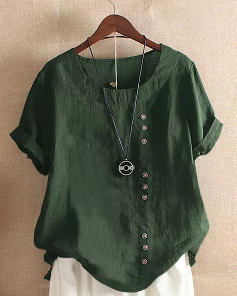 NOUVEAU RICHE Damen Kurzarm-Bluse Baumwolle Weiche Vielseitige Eleganz Grün