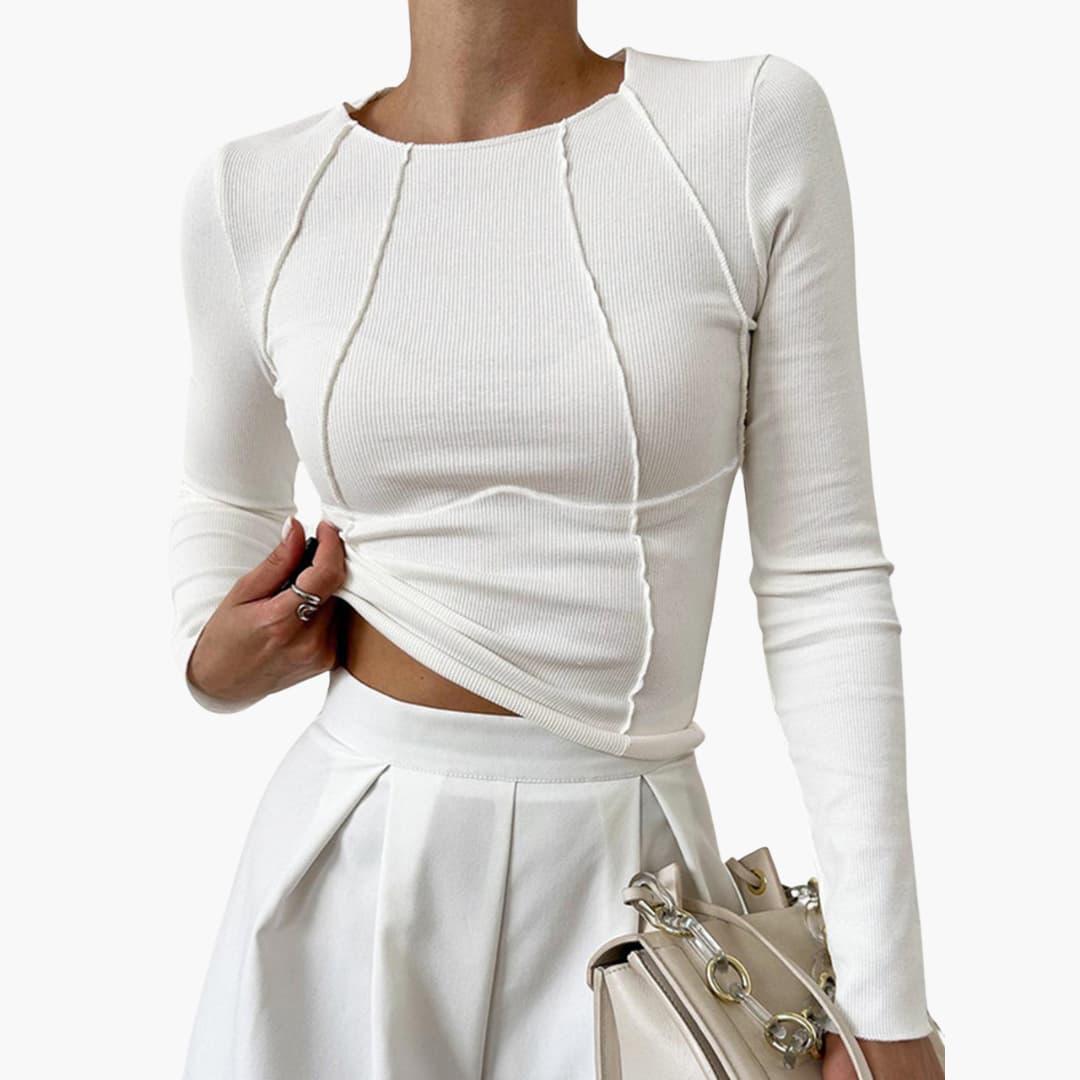 NOUVEAU RICHE Langarmtop Damen Gerippt Rundhals Figurbetont Nahtdetails Weiß