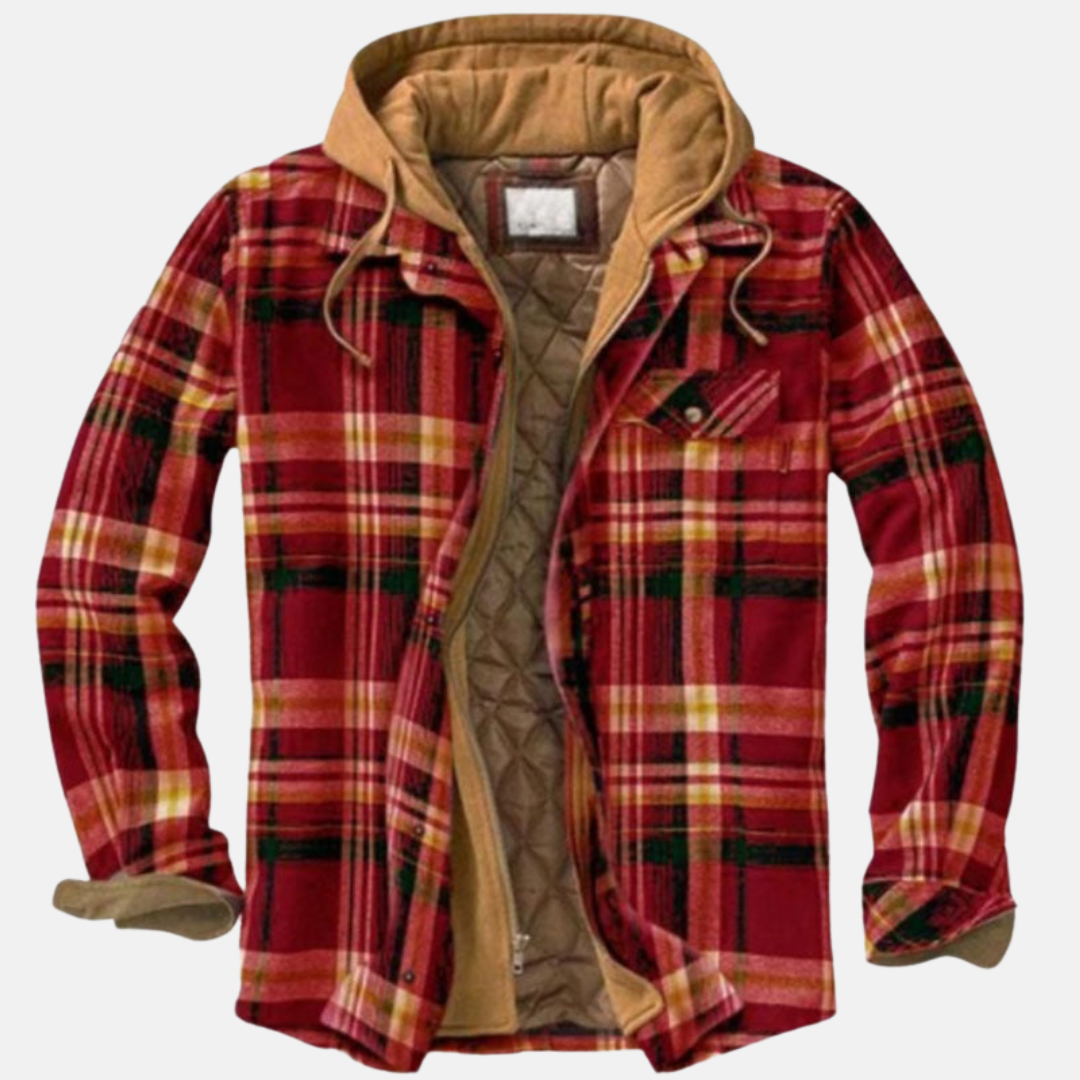 NOUVEAU RICHE Karierte Herrenjacke mit Kapuze – Hemdjacke mit gestepptem Futter & Reissverschluss, Overshirt, S–5XL – Calico Rot Khaki