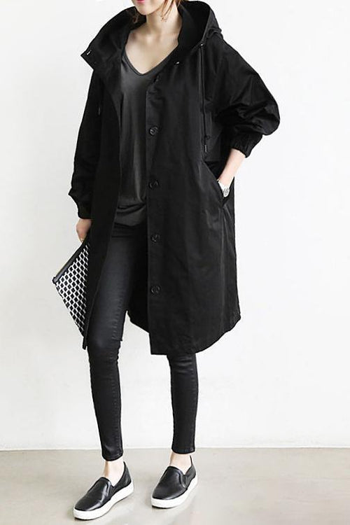 NOUVEAU RICHE Damen Wasserdichter Trenchcoat Mit Kapuze Regenmantel Schwarz