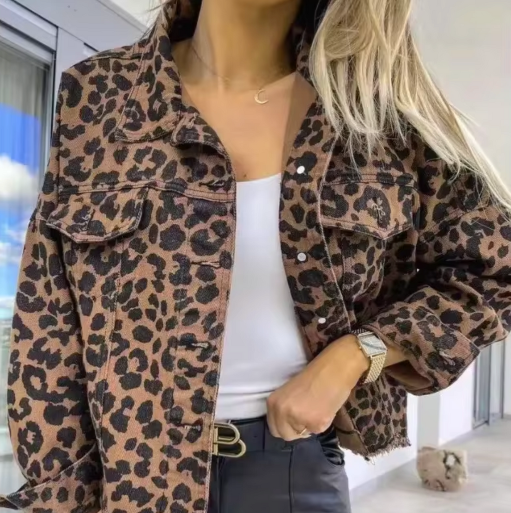 NOUVEAU RICHE Damen Leopardenmuster Denim Jeansjacke Mantel Stilvoll Jeanslook Leopard