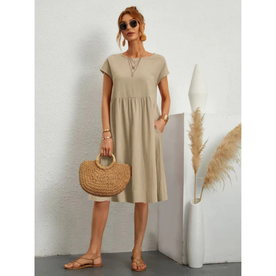 NOUVEAU RICHE Damen Elegantes Sommerkleid Mit Kurzen Ärmeln Für Damen Midi Khaki