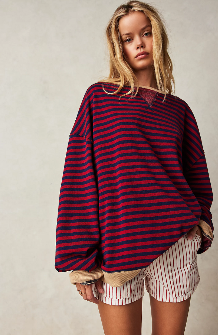 NOUVEAU RICHE Damen Gestreifter Oversized Pullover Mit Lebhaften Streifen Schwarz & Rot