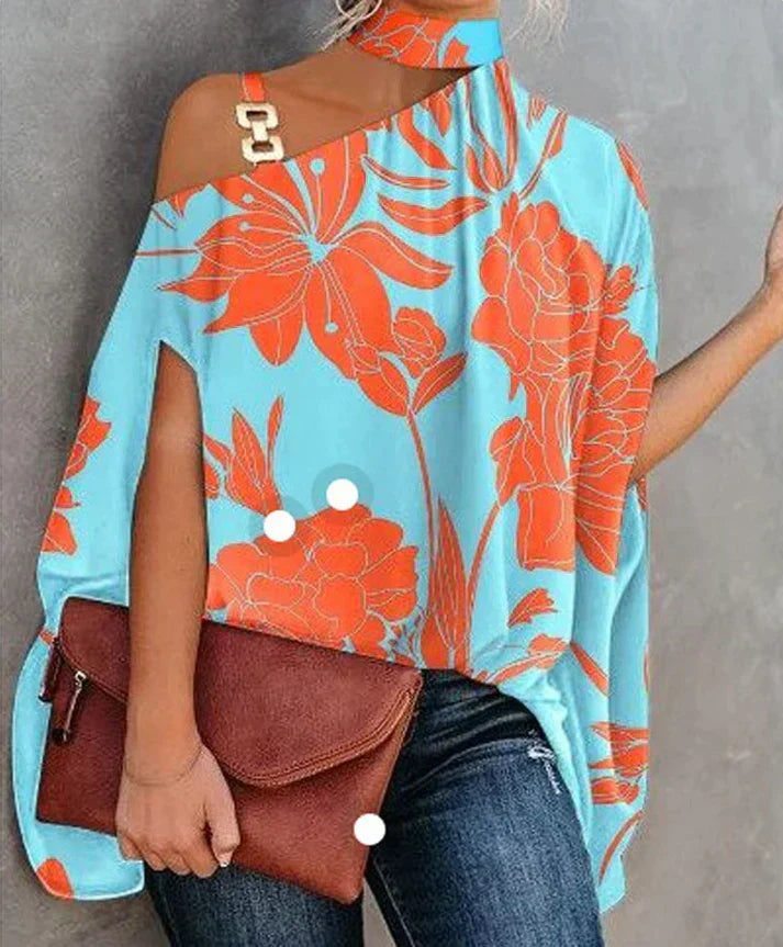 NOUVEAU RICHE Bluse Damen Locker Baumwolle Vielseitiges Alltags Oberteil Blau Orange