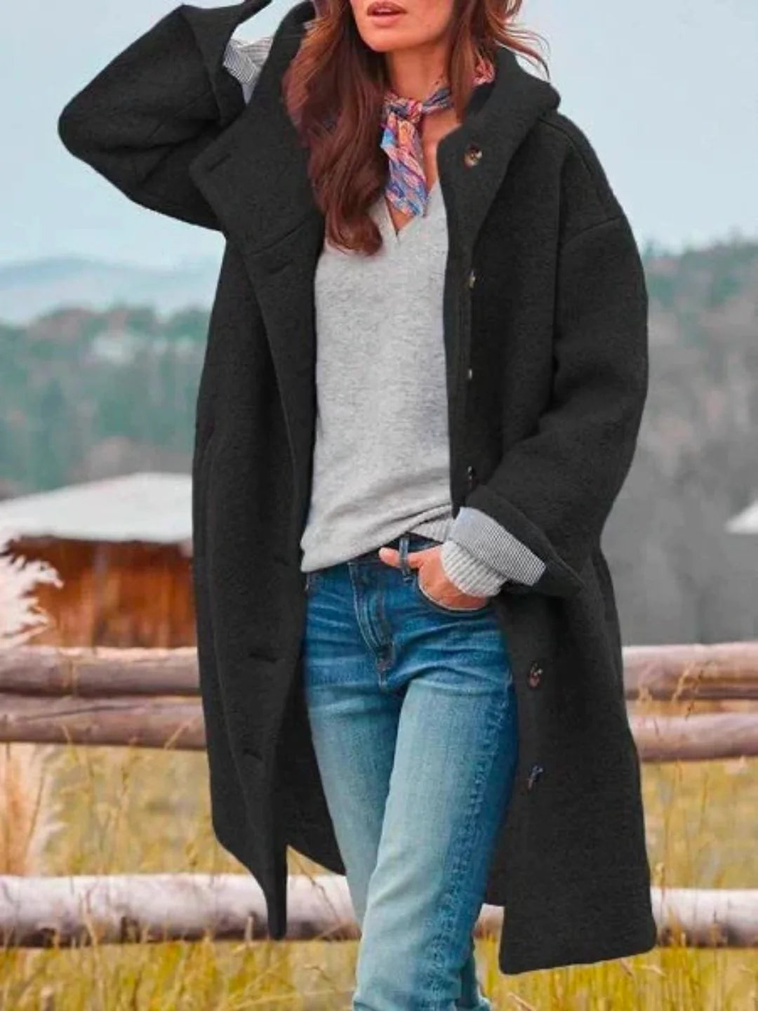 NOUVEAU RICHE Strukturierter Mantel mit Kapuze – Damen Wintermantel mit Kapuze, schmeichelhafte Passform, 5 Farben, S–3XL – Tasana Schwarz