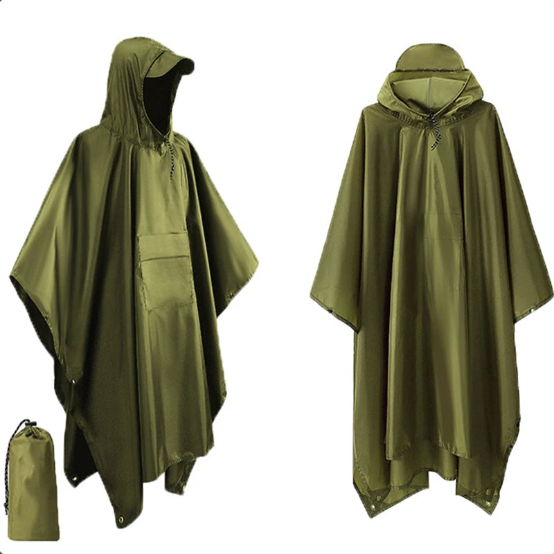 NOUVEAU RICHE 3-in-1 Militär-Regenmantel Mit Kapuze Wasserdichter Poncho Grün - Taschenstil