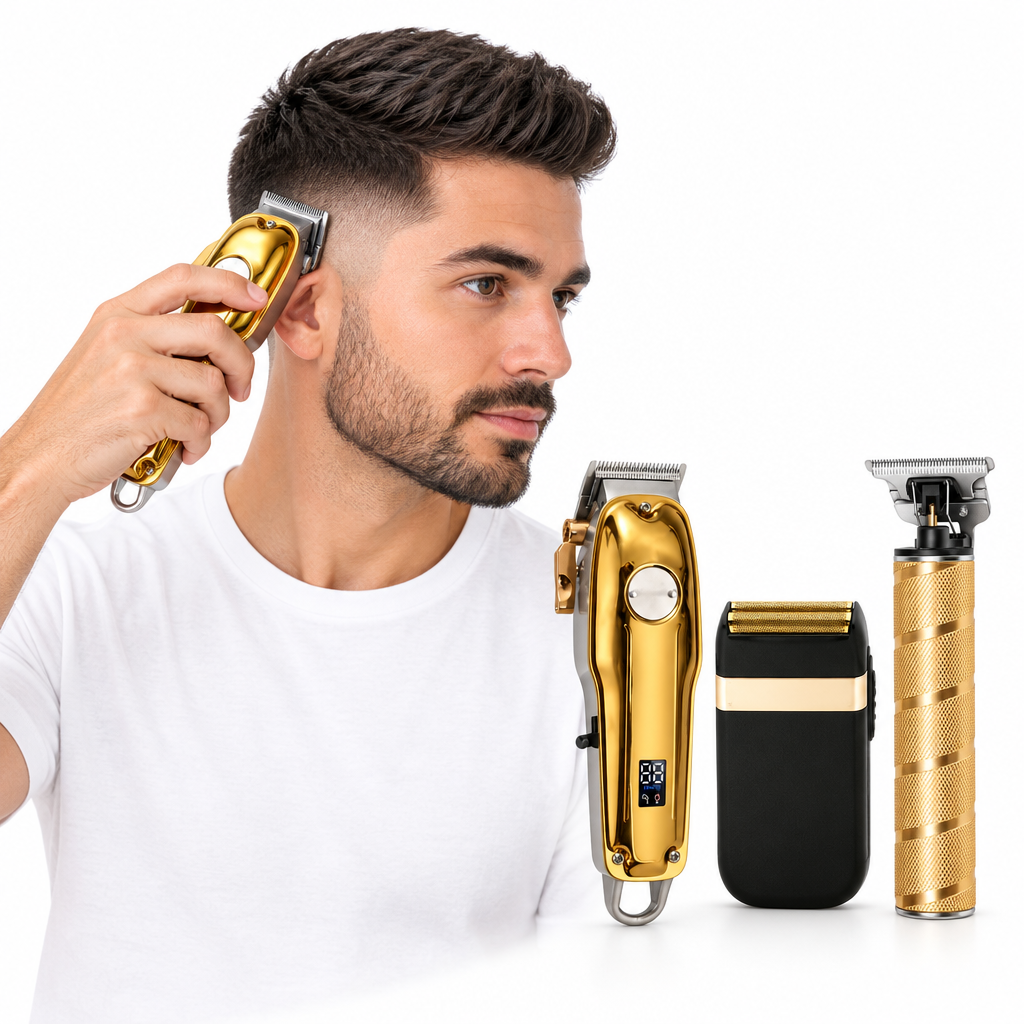 NOUVEAU RICHE 3-in-1 Profi Haartrimmer-Set – Kabellose Haarschneidemaschine, T-Blade Konturentrimmer und Folienrasierer für Herren