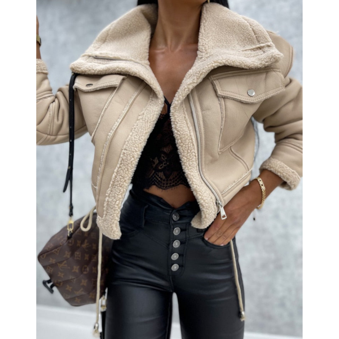 NOUVEAU RICHE Winterjacke Damen Cropped Warm Stilvolle Kurzjacke Beige