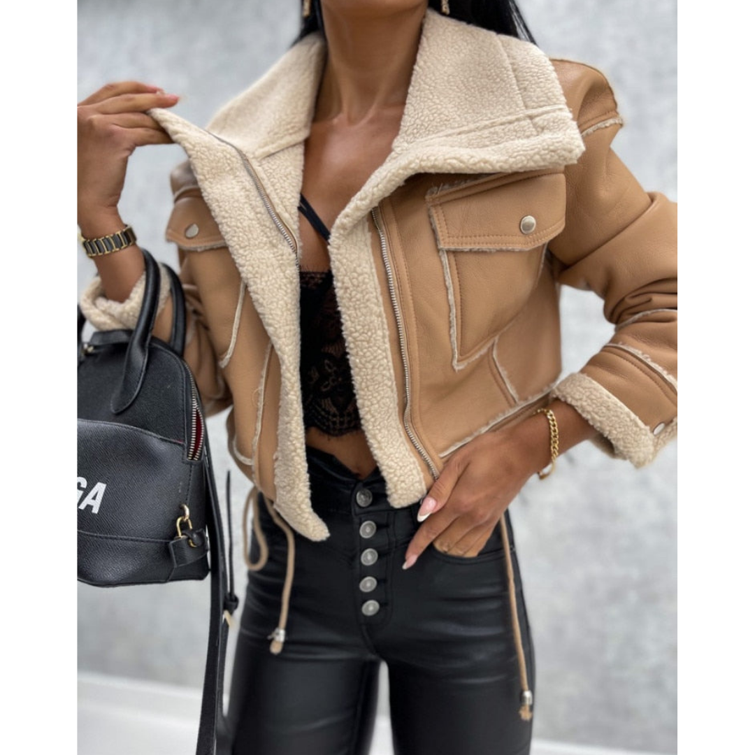 NOUVEAU RICHE Winterjacke Damen Cropped Warm Stilvolle Kurzjacke Khaki