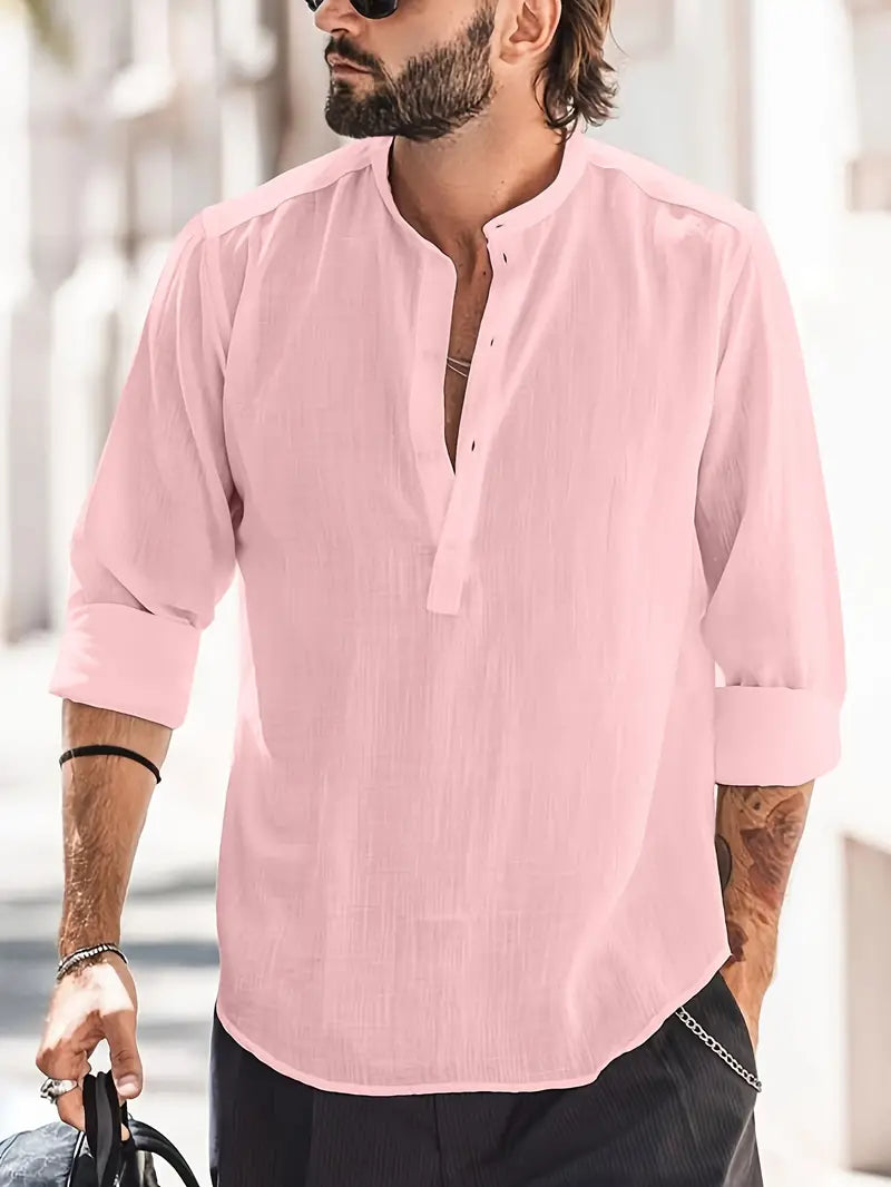 NOUVEAU RICHE Leinenhemd Herren Langarm Einfarbig Mit Knopfdetails Rosa