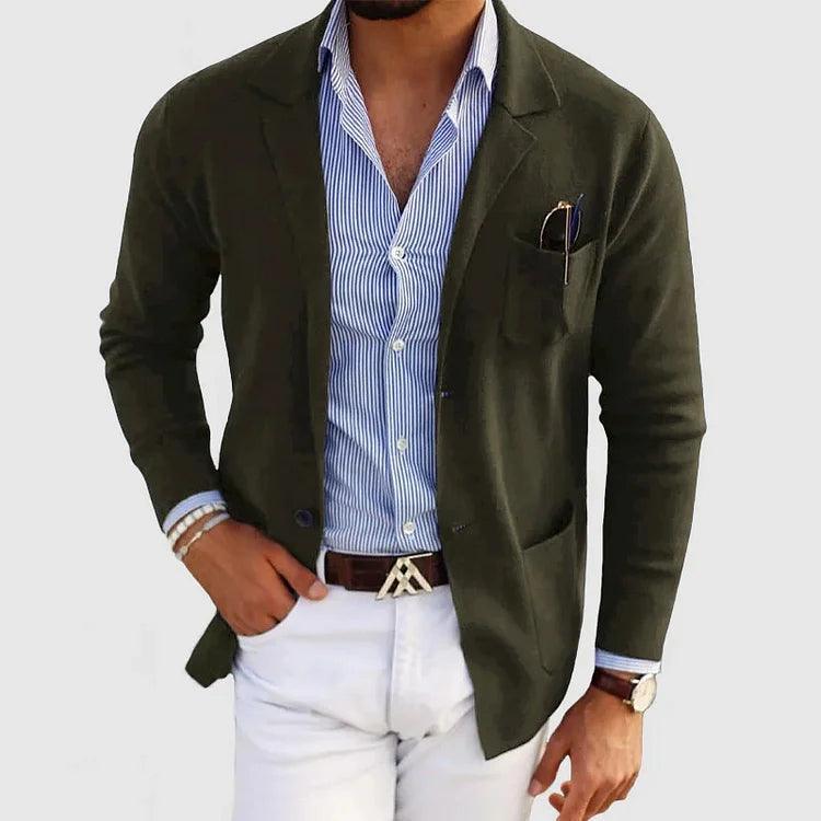 NOUVEAU RICHE Herren Strickjacke Taschen Reverskragen Einfarbig Langarm Dunkelgrün