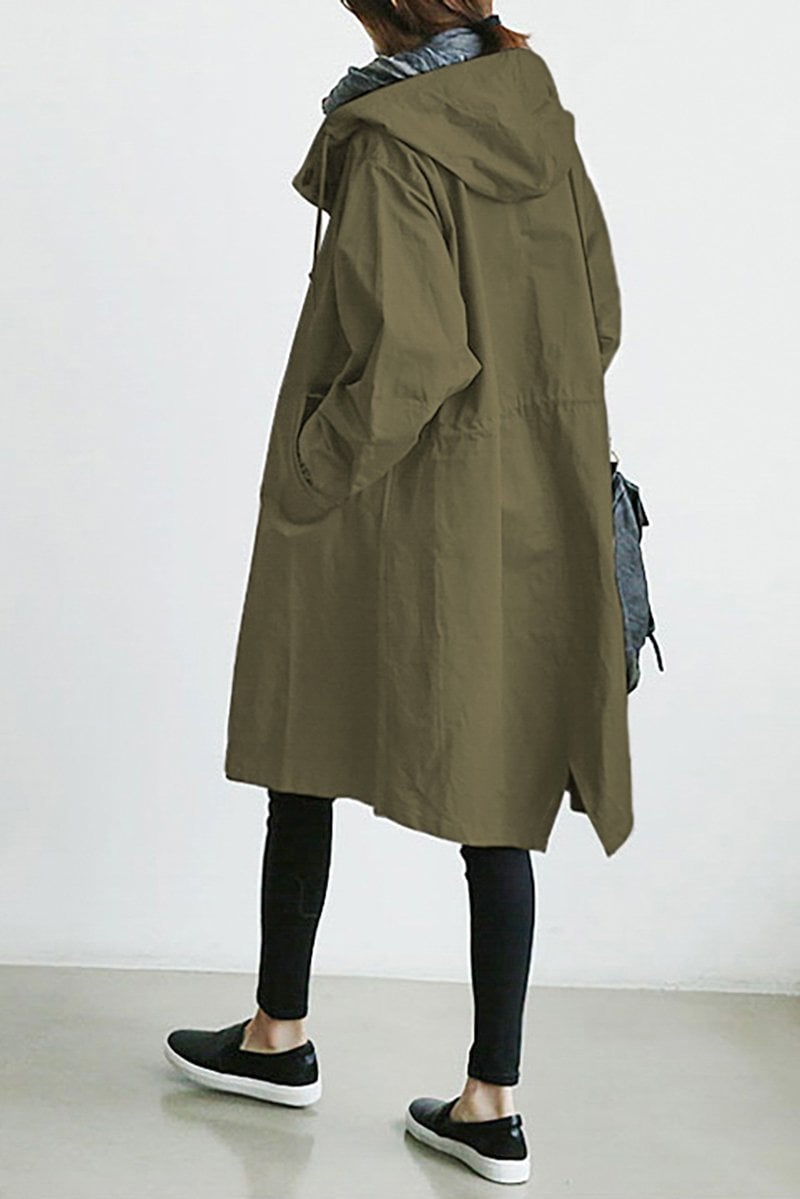 NOUVEAU RICHE Damen Wasserdichter Trenchcoat Mit Kapuze Regenmantel Armeegrün