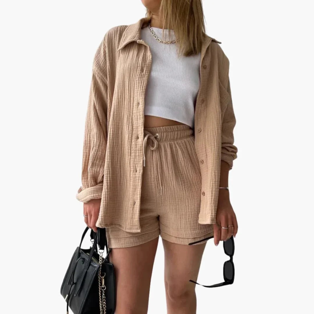 NOUVEAU RICHE Sommer Set Damen Zweiteilig Leichter Stoff Lockere Passform Beige