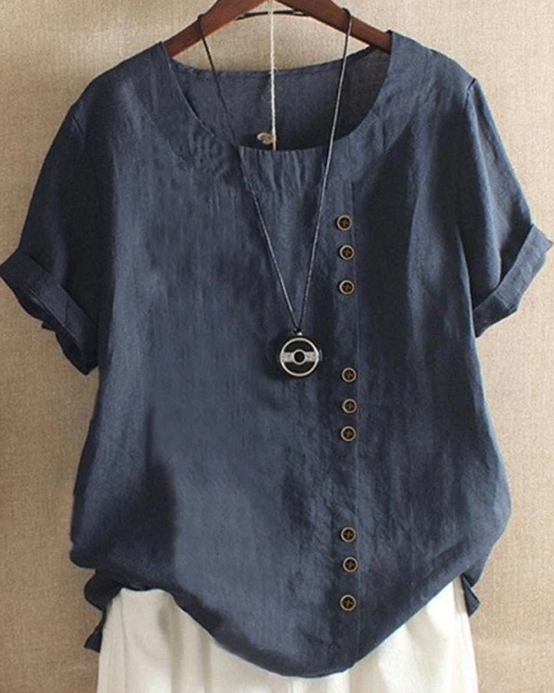 NOUVEAU RICHE Damen Kurzarm-Bluse Baumwolle Weiche Vielseitige Eleganz Dunkelblau