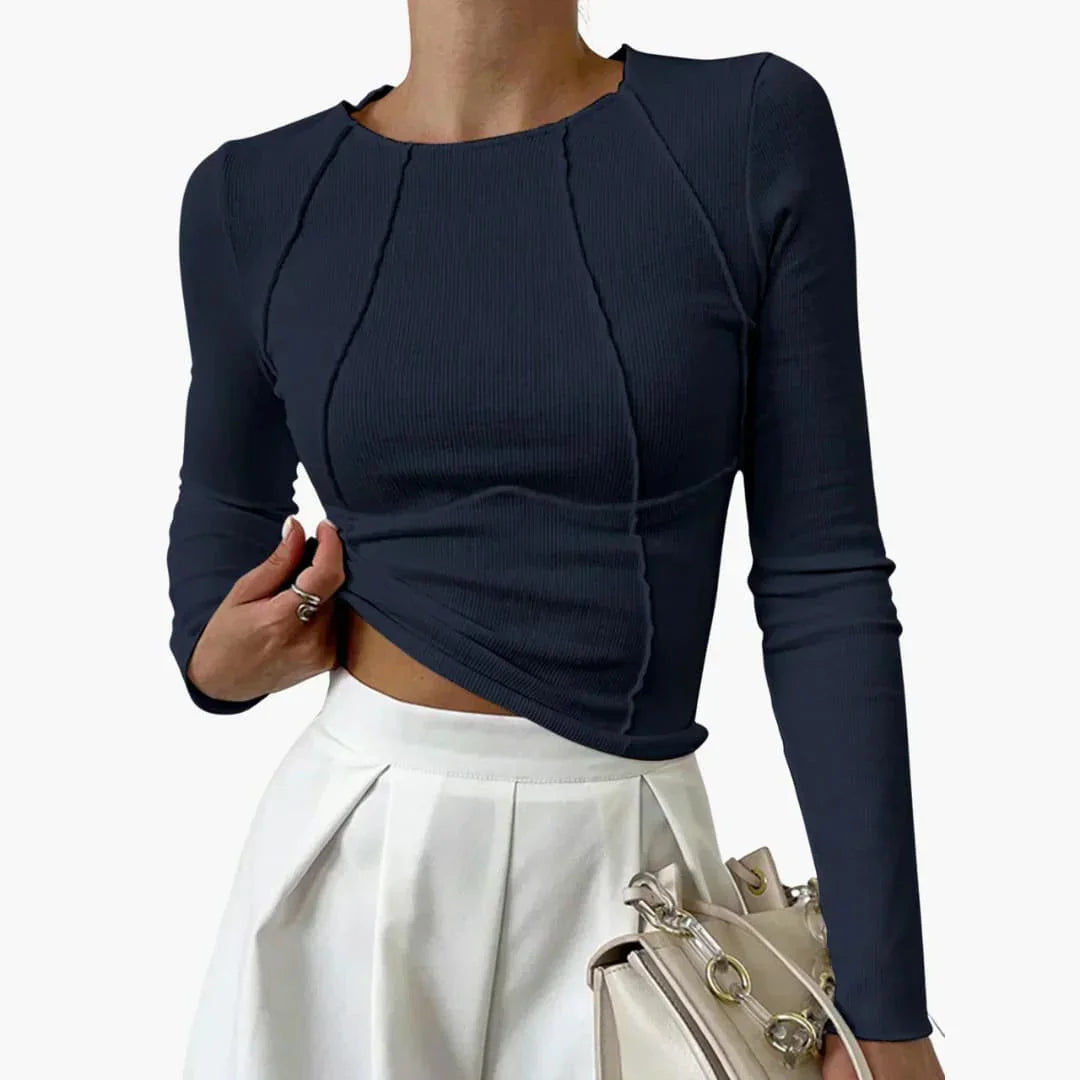 NOUVEAU RICHE Langarmtop Damen Gerippt Rundhals Figurbetont Nahtdetails Marineblau