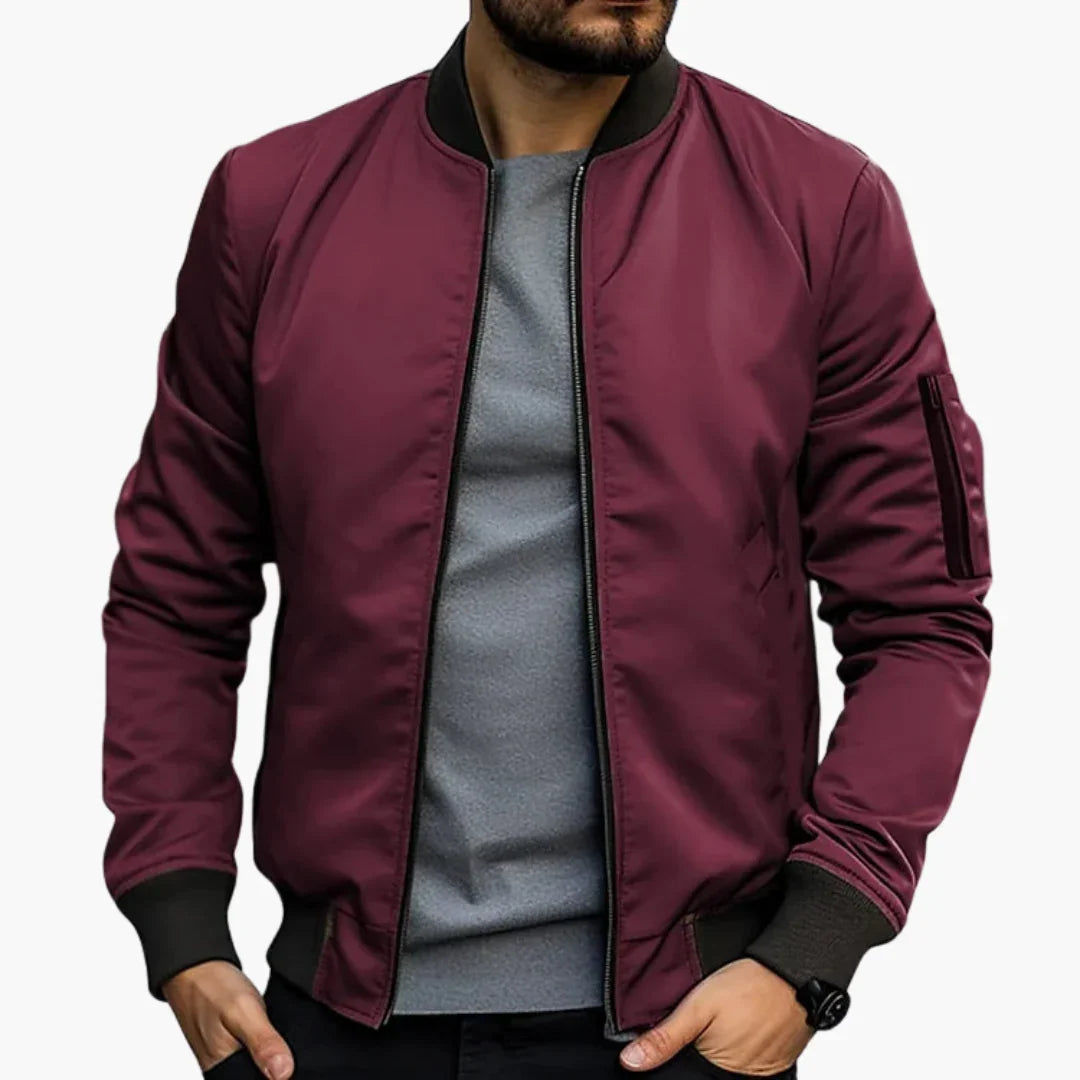 NOUVEAU RICHE Zip Up Bomberjacke Für Herren Schlank Alltagsbegleiter Burgunderrot