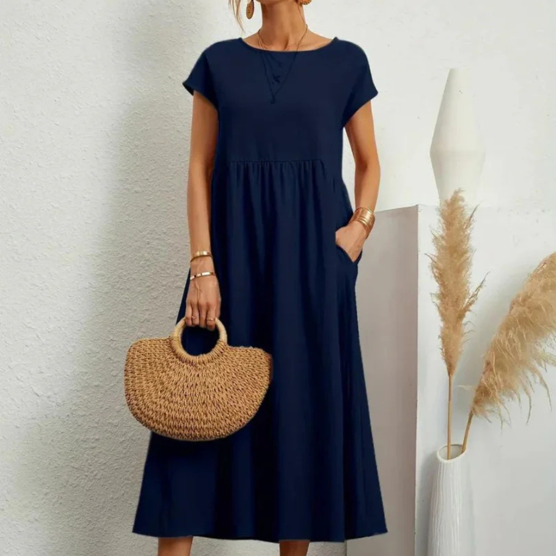 NOUVEAU RICHE Fließendes Baumwollkleid Leichtes Sommerkleid Beige Nachtblau