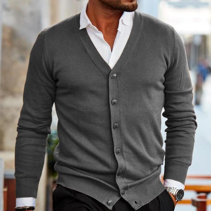 NOUVEAU RICHE Herren Strickjacke V Ausschnitt Knöpfe Lässig Elegant Grau