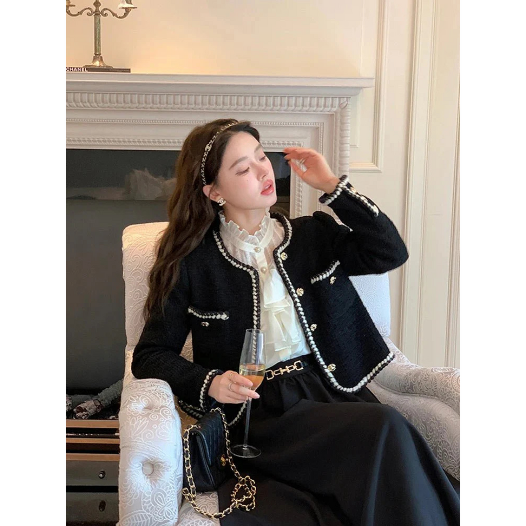 NOUVEAU RICHE Damen Kurze Vintage Jacke Perlenknöpfe Strukturiertes