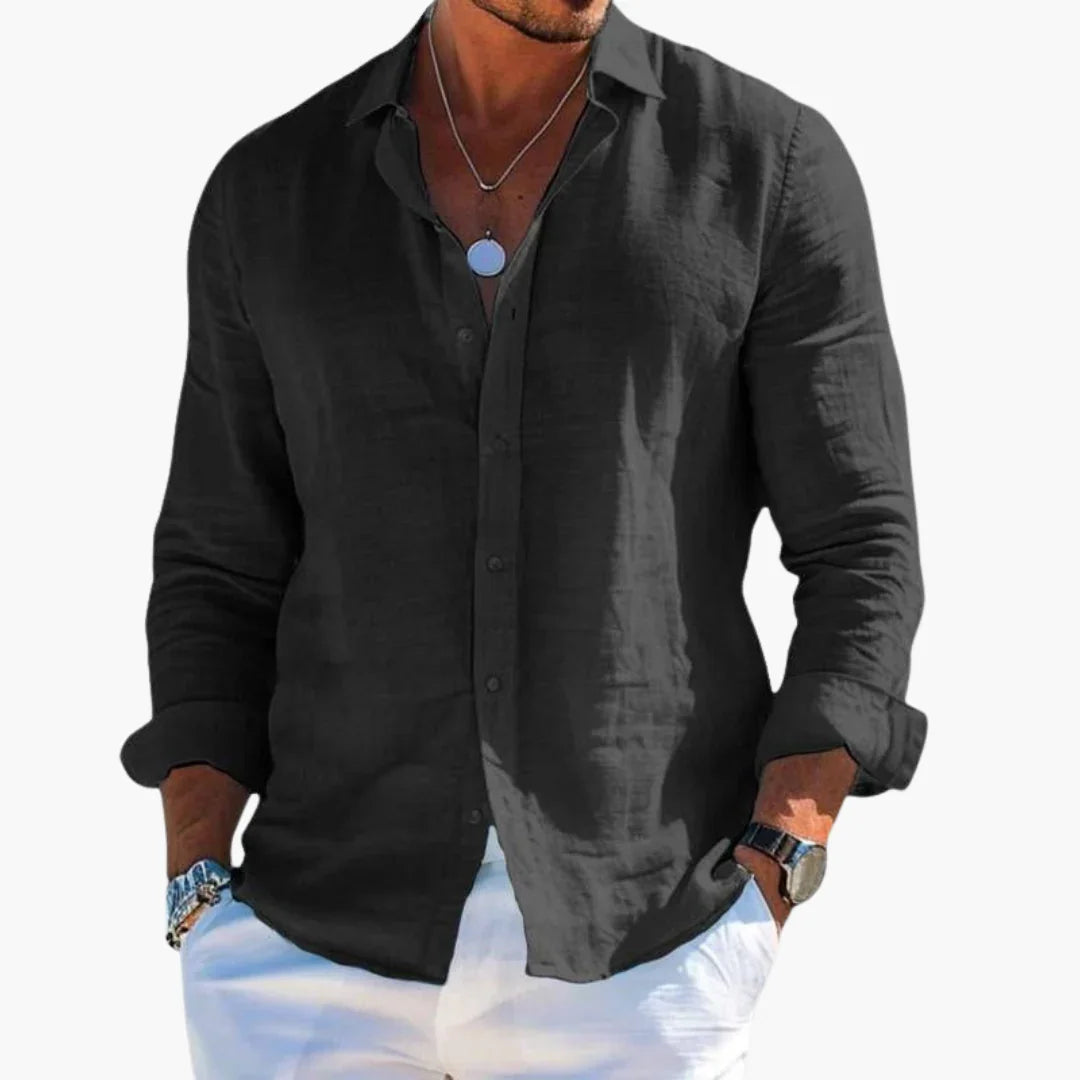 NOUVEAU RICHE Langarmhemd Herren Slim Fit Knopfleiste Strukturoptik Alltag Schwarz