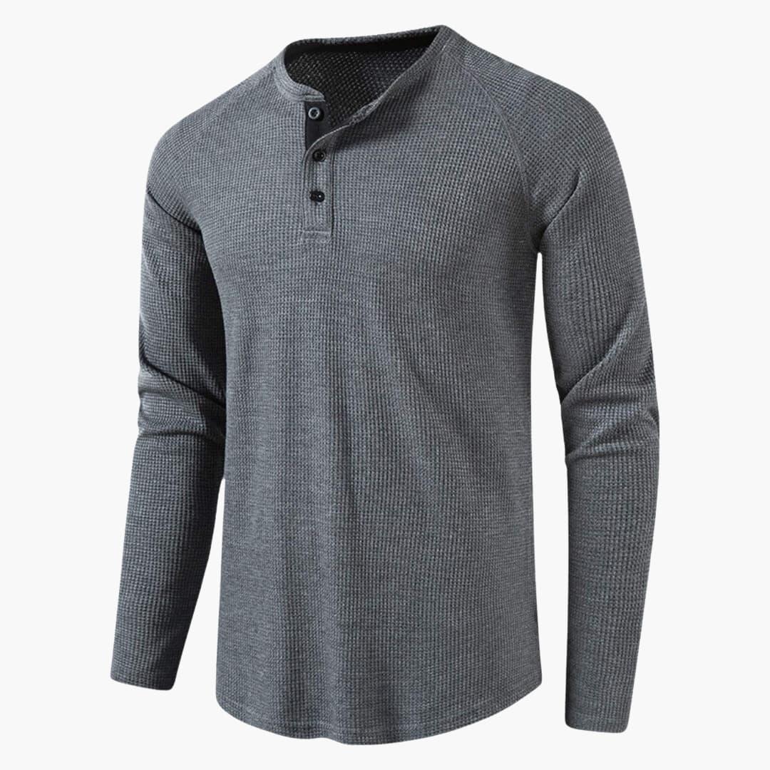 NOUVEAU RICHE Herren Henley Langarmshirt Mit Knopfleiste Natürliche Textur Dunkelgrau