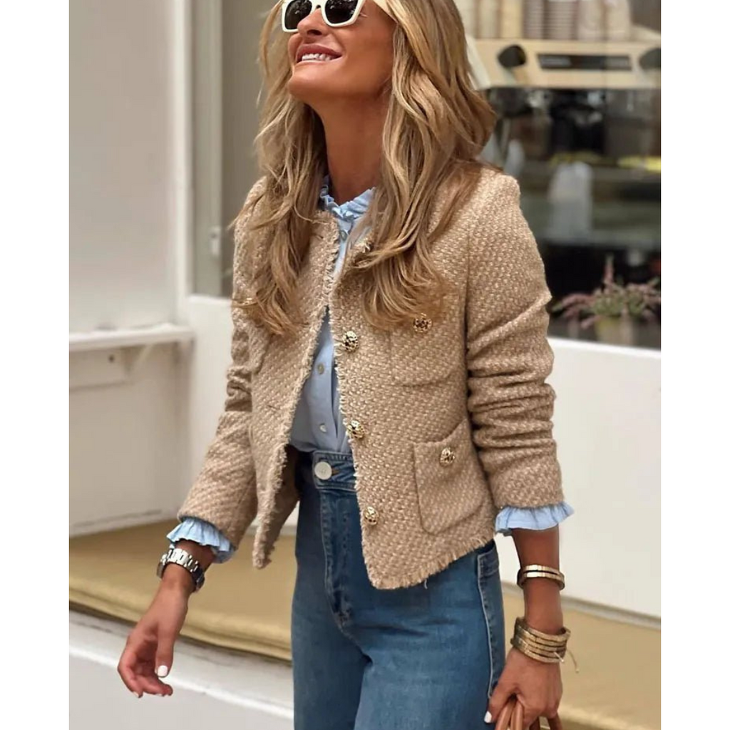 NOUVEAU RICHE Damen Knopf Daunen Langarm Jacke Kurz Sanft Fütterung Beige