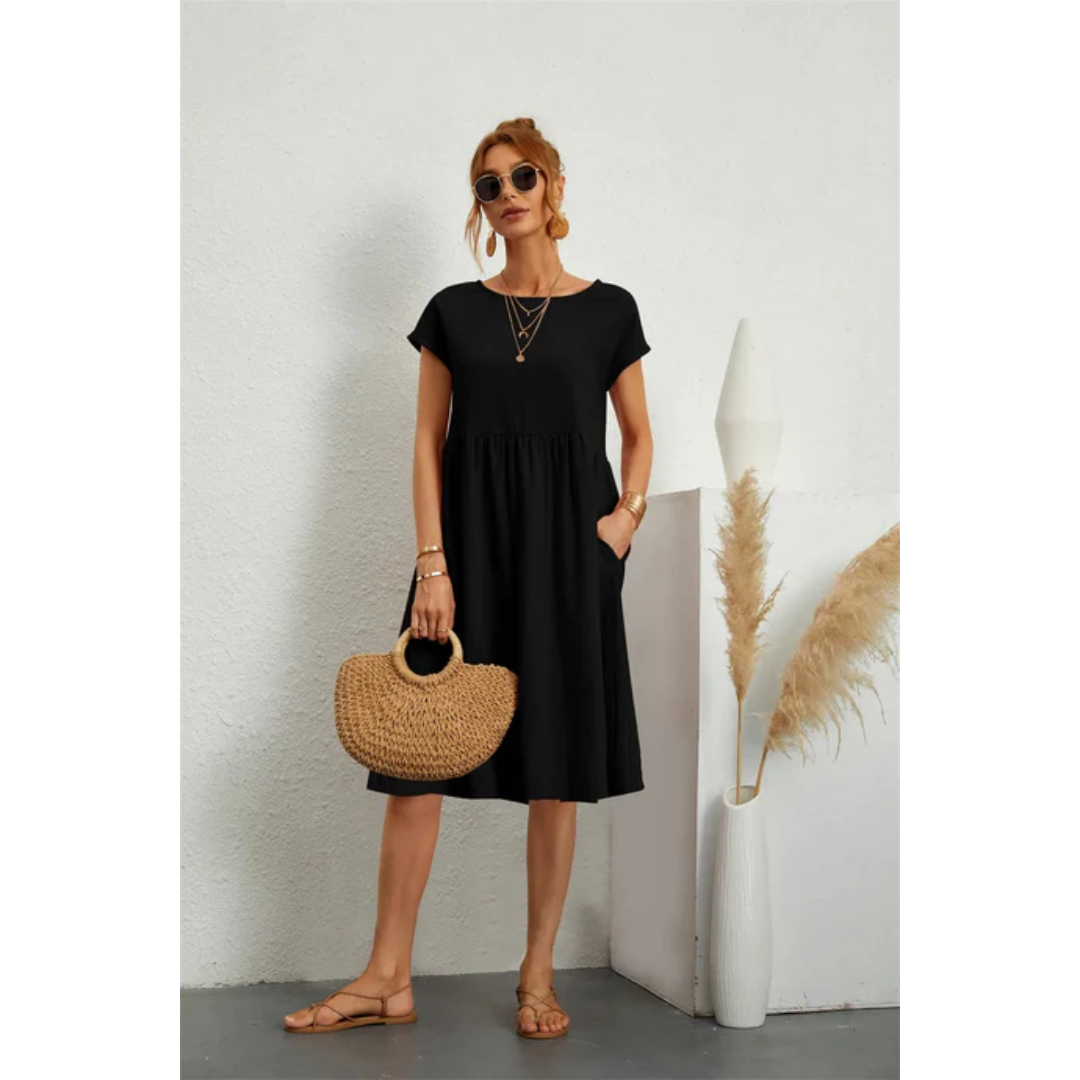 NOUVEAU RICHE Damen Elegantes Sommerkleid Mit Kurzen Ärmeln Für Damen Midi Schwarz