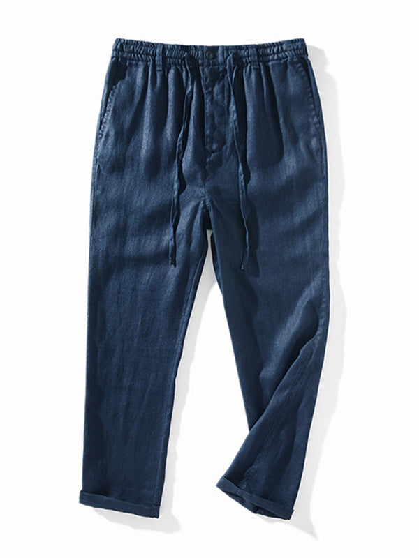 NOUVEAU RICHE Herren Leinen Jogginghose Mit Elastischem Bund Und Kordelzug Lockere Passform Gerader Schnitt Mit Seitentaschen Und Gesäßtaschen Marineblau