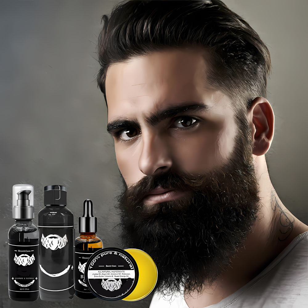 NOUVEAU RICHE Luxus Bartpflege-Set – Komplettset mit Bartglätter, Dermaroller, Bartöl & Conditioner für Pflege & Styling