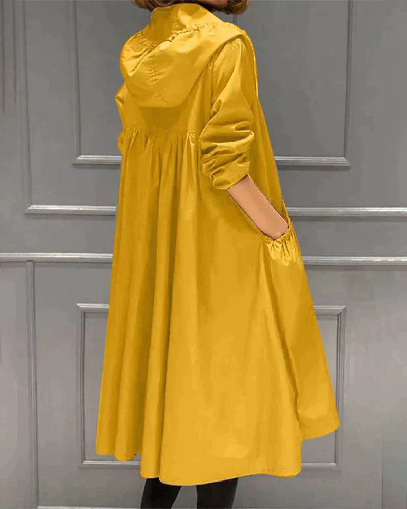 NOUVEAU RICHE Damen Lange Regenjacke Mit Kapuze Lockere Passform Gelb