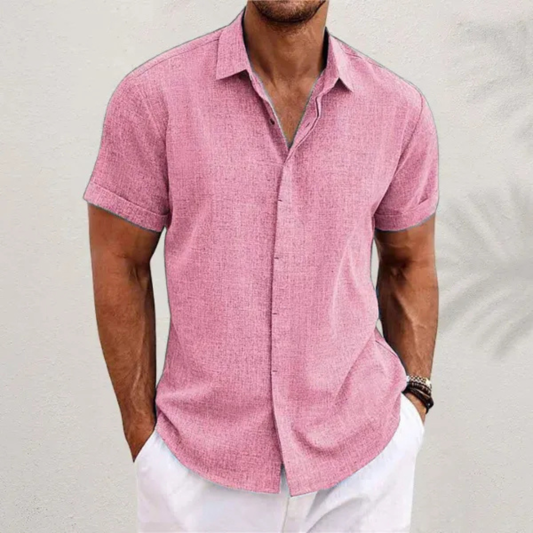 NOUVEAU RICHE Leinenhemd Herren Leicht Sommer Kurzärmelig Offener Kragen Rosa