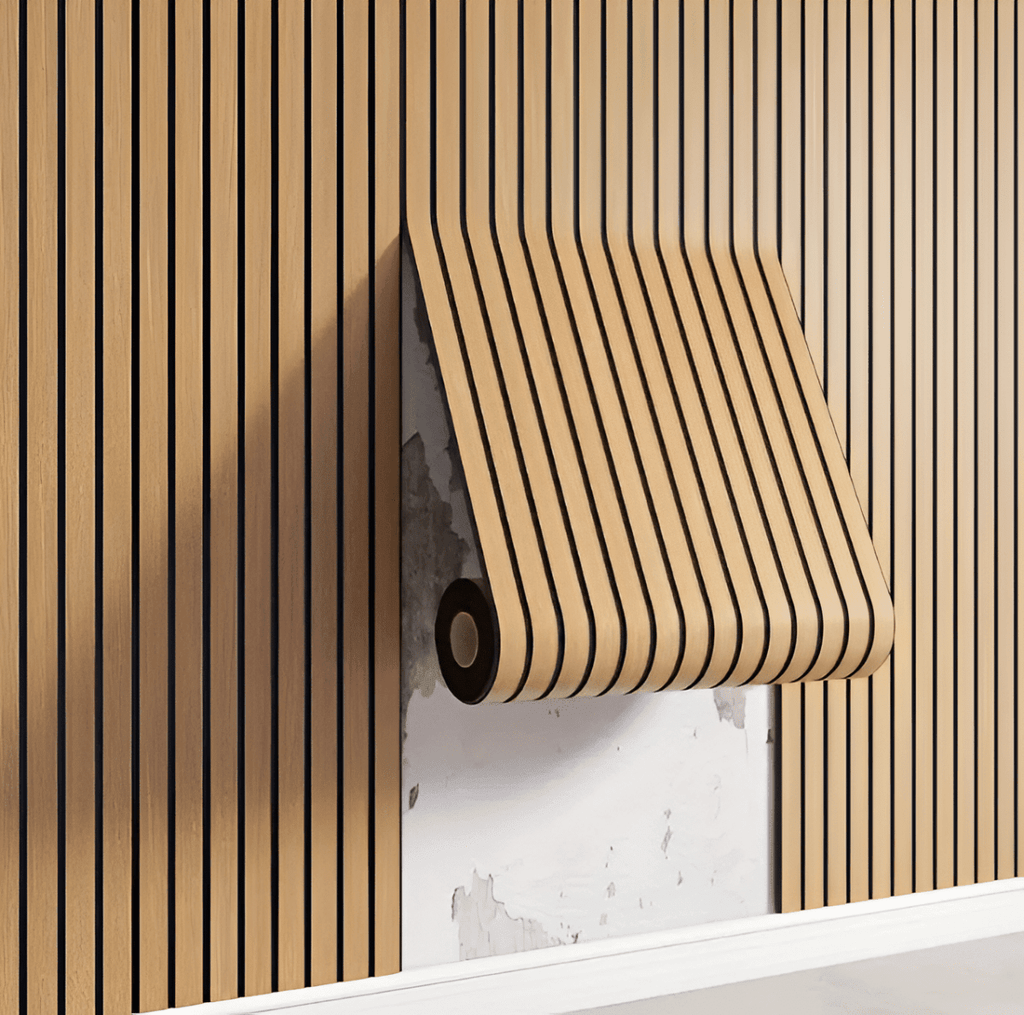 NOUVEAU RICHE Wandpaneele Selbstklebend Holzoptik – 3D Lamellen Wandverkleidung aus PVC, Rolle 40 x 300 cm, wasserabweisend, 4 Farben Hellbraun 40 x 300 cm