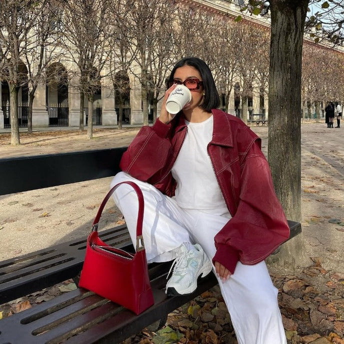 NOUVEAU RICHE Rote Oversize Jacke Leder Strahlendes Fashion Statement