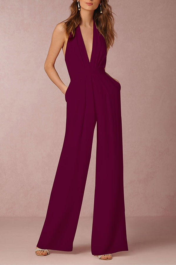 NOUVEAU RICHE Damen Sexy Jumpsuit Halter Ärmelloser Knöchellang Polyester Rotwein